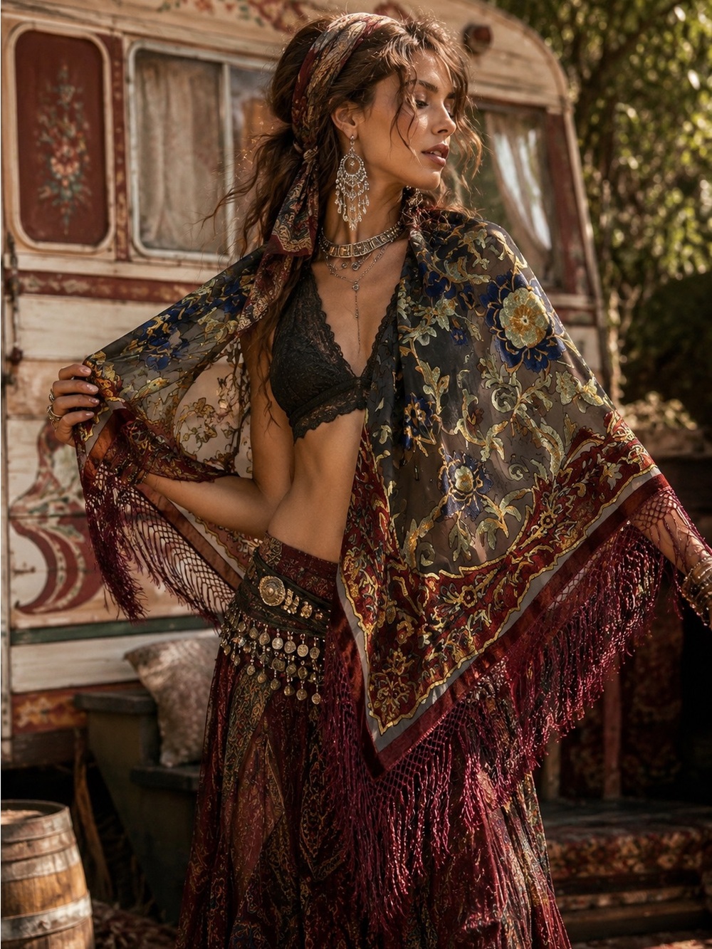Vintage Aris A Velvet Burnout Silk-Blend Fringe Shawl